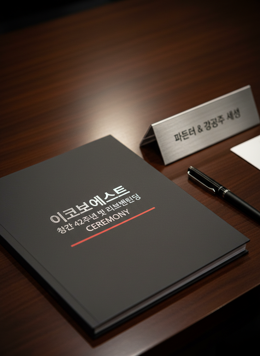 A close-up, photographic-realistic shot of an elegant, hardbound anniversary program booklet lying on a dark wooden event table. The cover reads “이코노미스트 창간 42주년 및 리브랜딩 CEREMONY” in precise, embossed silver lettering on a matte charcoal background, with a thin red accent line hinting at renewed energy. Next to it lies a brushed metal nameplate engraved with “파트너 & 광고주 세션”, and a slim black pen with subtle branding. Soft, warm overhead lighting creates delicate highlights on the metallic surfaces and gentle shadows around the objects. Composed at a three-quarter angle with shallow depth of field, the mood feels formal, focused, and intentionally designed for advertisers and partners.