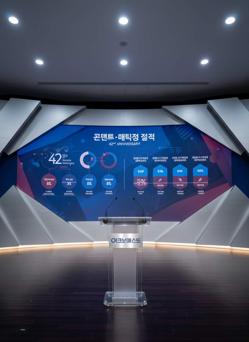 A polished conference stage set for a 42nd anniversary branding ceremony, featuring a wide LED screen displaying a sophisticated infographic about 콘텐츠·마케팅 전략 in calm blues and rich burgundies. The screen is framed by understated geometric panels with a satin finish, and a single transparent podium with a brushed metal logo plate reading “이코노미스트”. Soft, balanced stage lighting washes the scene in neutral white, with subtle accent lights creating depth and a faint glow on the floor. Shot in photographic realism from a centered, slightly elevated angle, the composition emphasizes clarity, order, and a professional mood suited to strategic presentations.