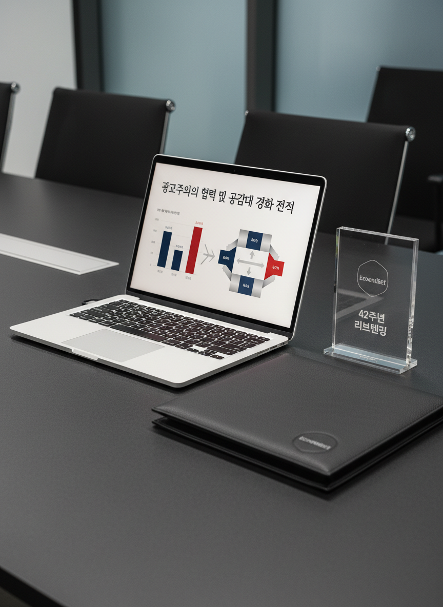 A refined tabletop scene meant for an advertiser briefing session, featuring a slim, bezel-less laptop open to a slide titled “광고주와의 협력 및 공감대 강화 전략” with clean charts and diagrams in navy, silver, and red. The laptop rests on a matte black conference table alongside a structured leather portfolio subtly embossed with the 이코노미스트 logo and an acrylic plaque etched with “42주년 리브랜딩”. Cool, controlled overhead lighting reflects softly off the laptop’s metallic surface and creates crisp edges on the acrylic plaque. Photographic realism, shot from a slightly low, three-quarter angle with a shallow to moderate depth of field, giving the scene a precise, analytical, and executive tone.