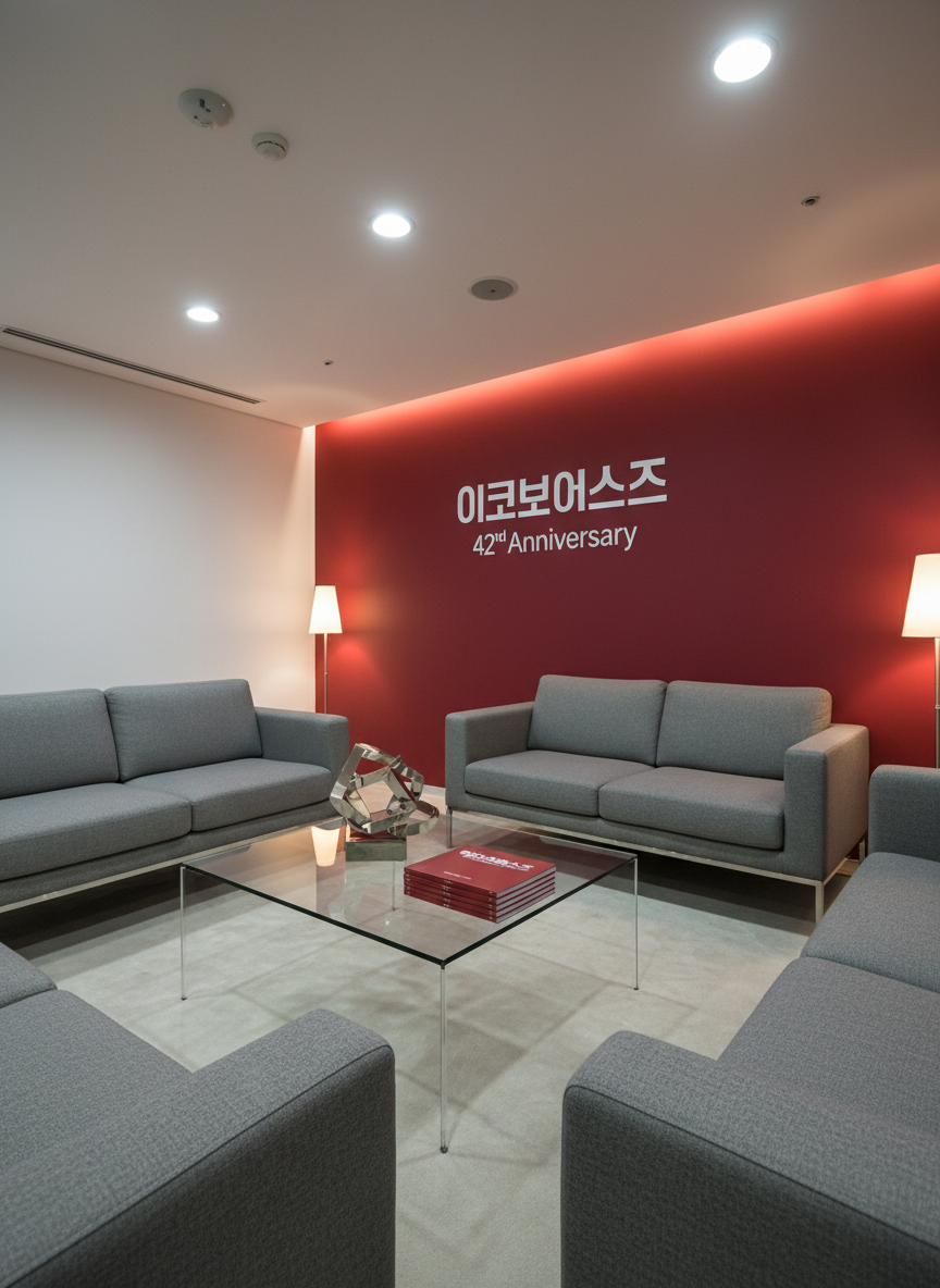 A meticulously arranged networking lounge area prepared for an anniversary and rebranding ceremony, without any people present. Low, modern couches in muted gray fabric surround a central glass coffee table featuring neatly stacked strategy booklets titled “콘텐츠·마케팅 전략 개편 방향” and a small, geometric metal sculpture symbolizing collaboration. Behind, a backlit wall panel displays the 이코노미스트 logo and “42nd Anniversary” in clean white typography on a deep red background. Soft, diffused ceiling lighting and subtle floor lamps create an inviting yet corporate ambiance. Photographic realism, captured from a slightly elevated corner angle, with moderate depth of field that keeps all key branding elements sharp, communicating partnership and shared vision with advertisers.